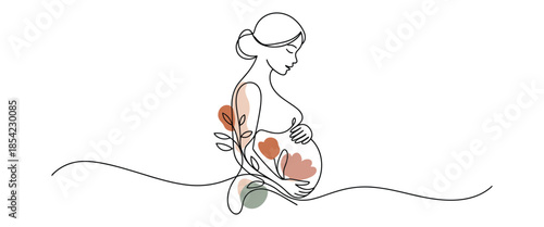 Pregnant woman sitting with flowers on her belly in a one line drawing