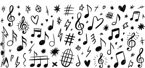 Hand drawn music doodle symbols set, playful notes hearts stars illustration, black white sketch vector
