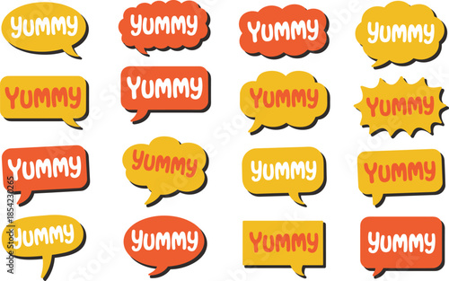 Yummy speech bubble stickers set, colorful comic labels, food reaction icons, playful typography illustration vector