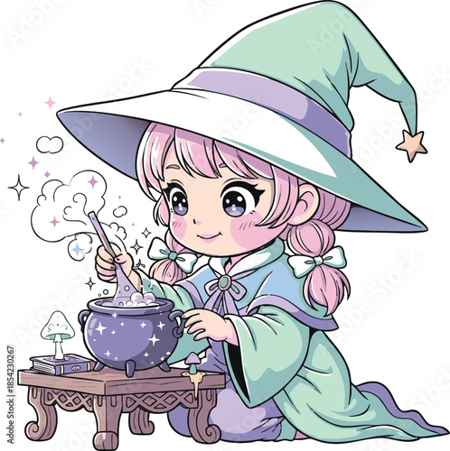 Cute little witch stirring magical potion in sparkling cauldron