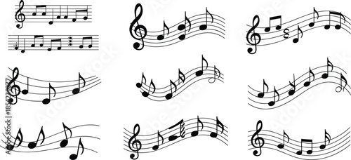 Musical notes staff symbols set, flowing melody notation illustration, black white vector isolated collection design