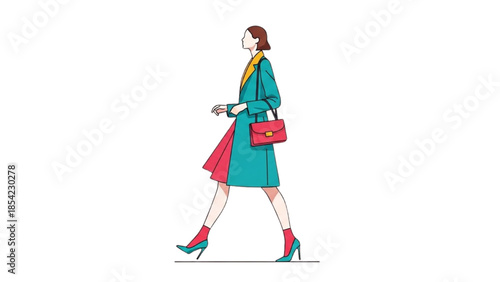 A woman walking with a confident stride carrying a red handbag