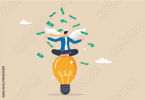 Angel investor, people who funding or support startup seed project since beginning, money support to grow business idea concept, rich businessman with angel wings on lightbulb idea with money banknote