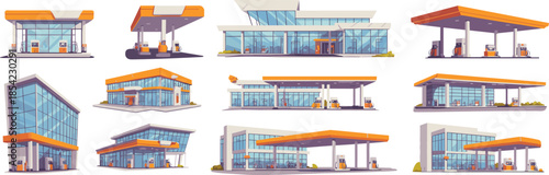 Modern gas station architecture set, fuel service buildings illustration, commercial petrol stations vector isolated design