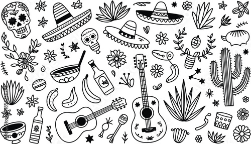 Mexican culture doodle icons set, sombrero skull cactus guitar symbols, hand drawn black white vector