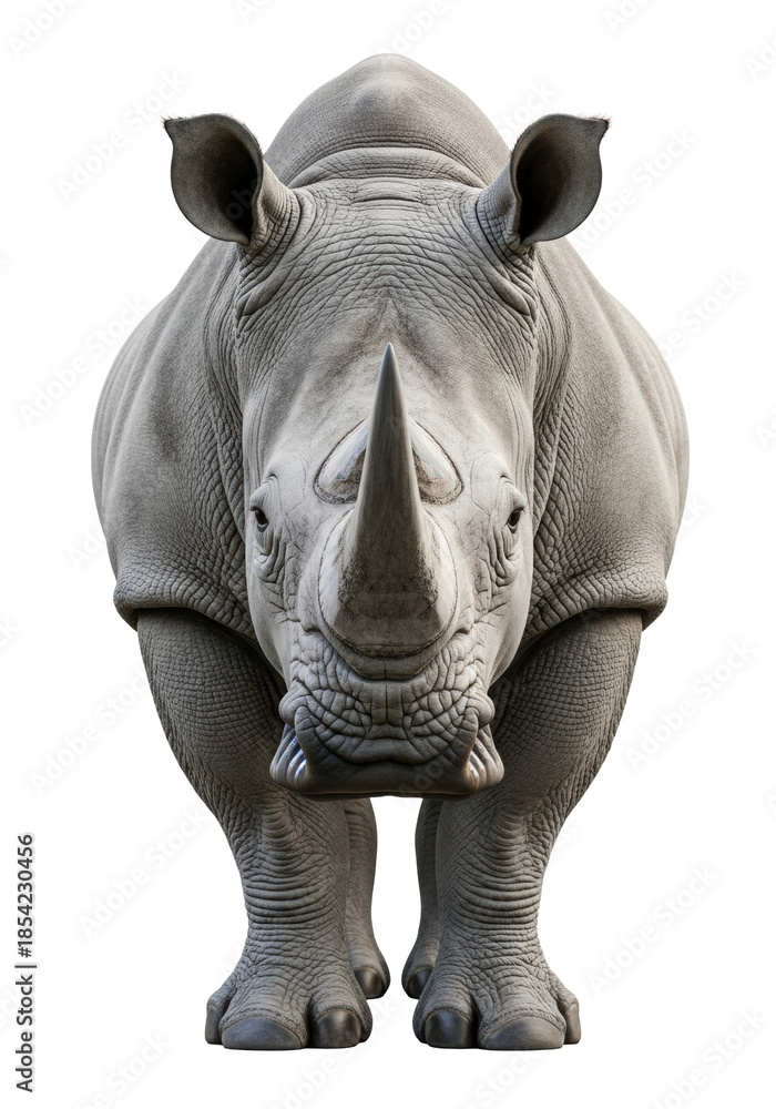 Obraz premium a massive white rhinoceros with thick, wrinkled grey hide and prominent horns stands stoically, isolated against a seamless pure white studio background, conveying solemn conservation majesty