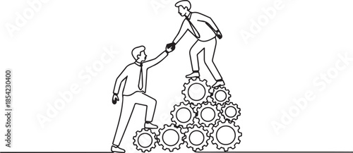 Single one line drawing two young businessmen helping each other to go up to pile of cogs. Teamwork people trust assistance. Technology gear collaboration solution. one line Icon drawing