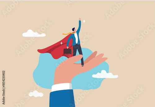 Support or encouragement or promote to be leader, help to succeed in work, assist to new career opportunity, leadership or business growth concept, confidence businessman super hero in supported hand.