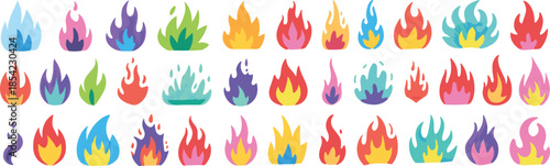 Colorful fire flame icons set illustration, cartoon burning shapes collection, bright heat symbols vector design