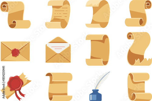 Vintage parchment scrolls and envelopes illustration set, antique paper documents, medieval writing stationery vector elements