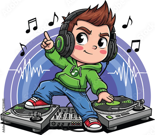 Young DJ enthusiast performing with headphones on turntables energetically