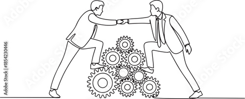 Single one line drawing two young businessmen helping each other to go up to pile of cogs. Teamwork people trust assistance. Technology gear collaboration solution. one line Icon drawing