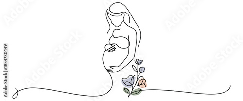 Pregnant woman with flowers in one line drawing style