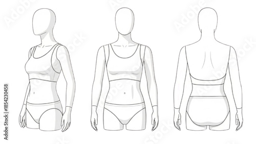 Female figure illustrations showcasing various viewpoints of the human body in a minimalist style