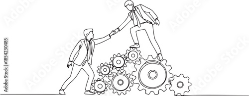 Single one line drawing two young businessmen helping each other to go up to pile of cogs. Teamwork people trust assistance. Technology gear collaboration solution. one line Icon drawing