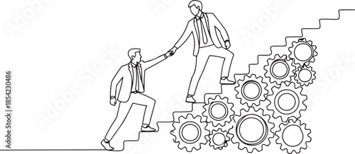 Single one line drawing two young businessmen helping each other to go up to pile of cogs. Teamwork people trust assistance. Technology gear collaboration solution. one line Icon drawing