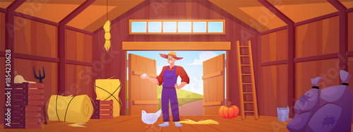 Wooden barn interior, vector cartoon farmer holds a chicken egg in hand, haystack, chicken coop, crop bags, garden tools