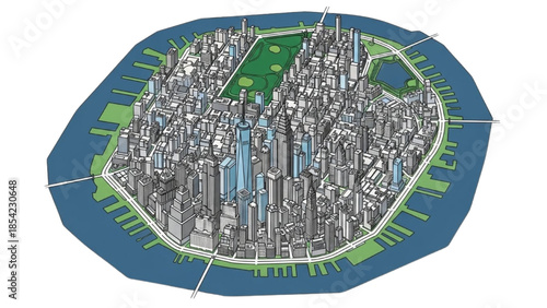 Aerial view of a futuristic cityscape surrounded by water and greenery