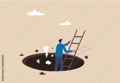 Effort and brave to solve business problem, get out of crisis or escape from trouble situation, reaching goal or solution concept, businessman survivor climb up ladder out of the hole or deep crater.