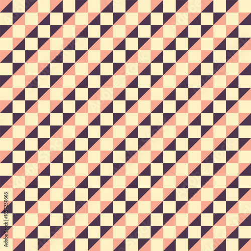Pattern created by cream squares and peach and dark purple triangles