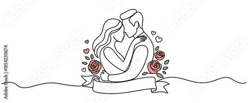 romantic couple embracing with flowers and hearts around them in love