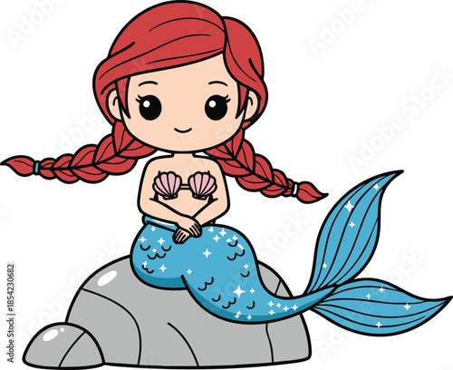 Cute red-haired mermaid sitting on rock with seashells and sparkling tail