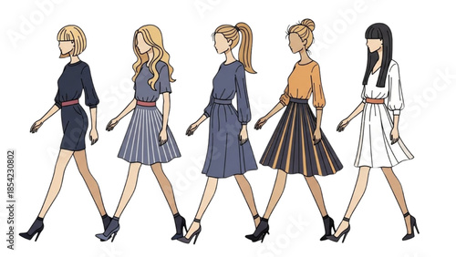 Illustration of five women walking in different dresses and heels from a side viewpoint