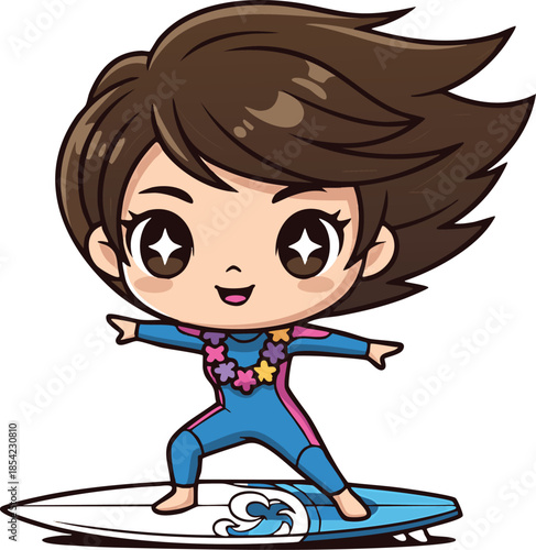 Cute cartoon girl surfing with big smile on blue surfboard