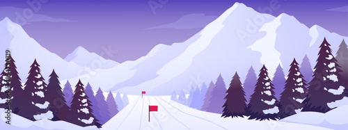 Snowy ski slope with red flags and pine trees on the mountains background, vector flat Alpine landscape, winter sports