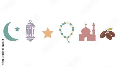 Ramadan and Eid flat icon set featuring mosque lantern moon star dates and prayer beads vector illustration