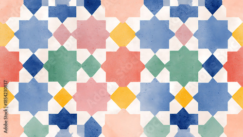 A minimalist background blending Swiss Style grid typography with colorful Moroccan Zellige tile patterns in a symmetrical, flat design.