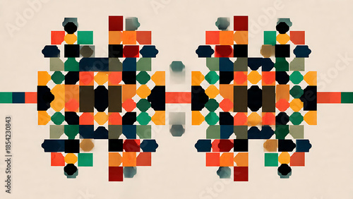 A minimalist background blending Swiss Style grid typography with colorful Moroccan Zellige tile patterns in a symmetrical, flat design.