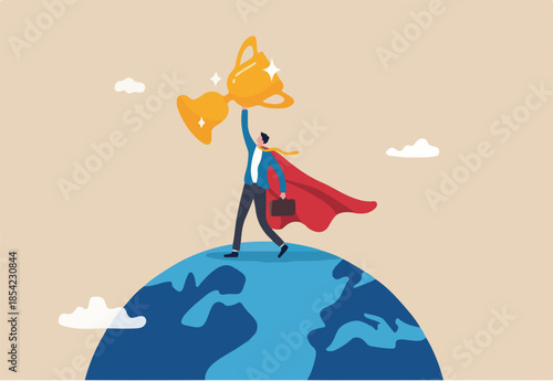 Business worldwide winner, achievement, victory or international success, win global competition, globalization business concept, businessman superhero with award prize trophy winner on planet earth