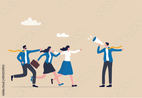 Business guide to move to the right success direction, leadership to tell solution way, support, help or giving instruction concept, businessman with megaphone tell coworkers to walk the right way.