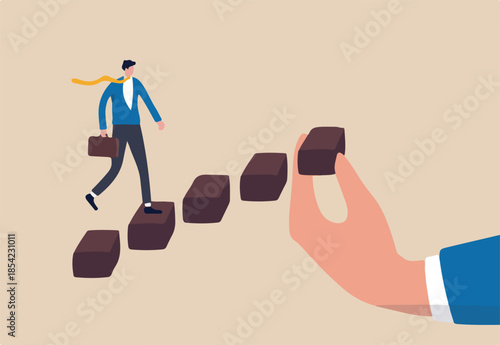 Helping hand to support on career development, staircase or ladder of success concept, confidence businessman in suit walking with ambition on wooden stair with human hand help make rising stairway.