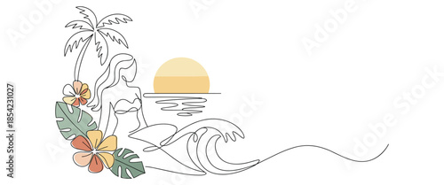 Woman in bikini with flowers and palm tree at sunset beach