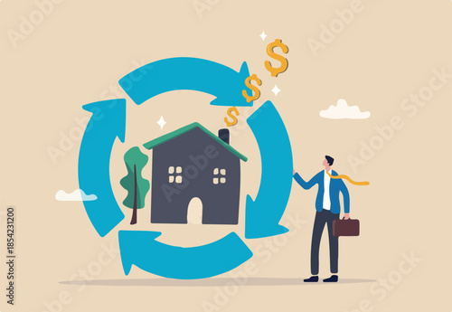 Reverse mortgage, home owner exchange for regular payment, loan or income, property or real estate for banking payment concept, businessman with reverse mortgage house produce dollar money signs.