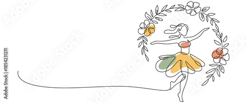 Woman in yellow skirt dancing with floral wreath around her