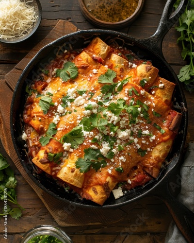 Crispy Enchiladas Cotija Cheese Cilantro Cast Iron Bowl Overhead