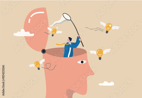 New creative idea thinking process, contemplation or ideation for solution or innovation, development or learn skills concept, businessman open his head to using butterfly net to cat light bulb idea.