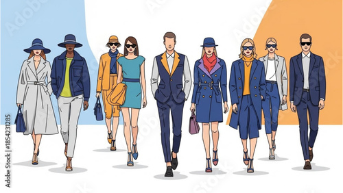 Diverse group of fashionably dressed people walking together in a stylized illustration
