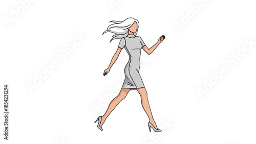 A young woman in a gray dress is walking down the street with her hair blowing in the wind.
