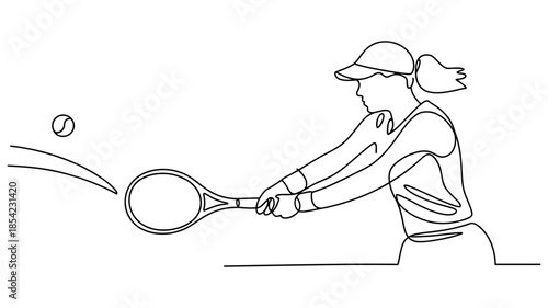 Continuous line drawing of a female tennis player hitting a powerful forehand shot