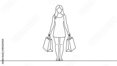 A continuous line art sketch showing a woman carrying two shopping bags