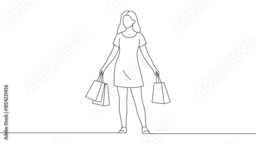 Minimalist continuous line art drawing of a woman holding shopping bags after purchasing items
