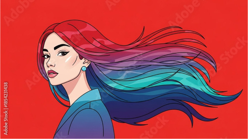 Vibrant illustration of a young woman with colorful flowing hair against a red background