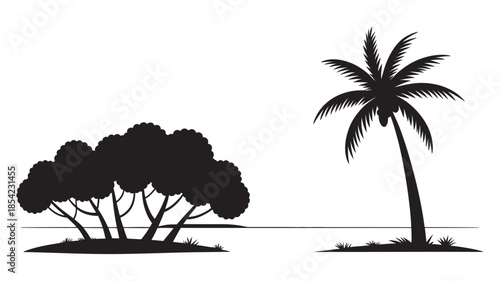 Black silhouettes of a leafy bush and a classic tropical palm tree