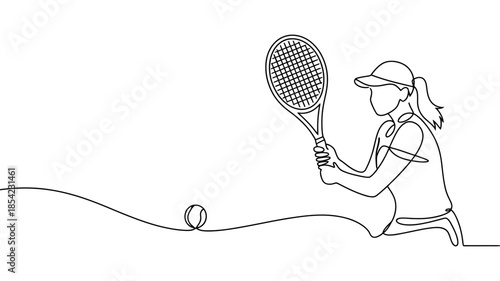 A continuous one line art drawing of a tennis player preparing to hit a shot