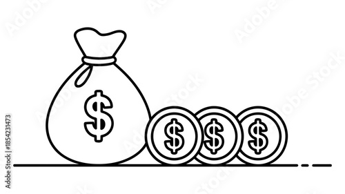 A simple outline illustration depicting a money bag next to a row of coins with dollar signs, symbolizing wealth and savings.
