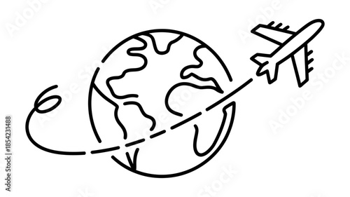 A simple line icon illustrating global travel with an airplane circling the earth